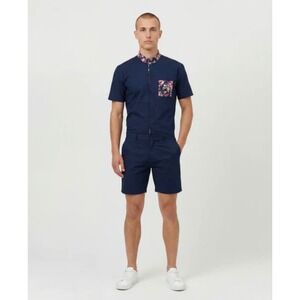 RomperJack Mens Navy Blue Floral Trim Short Sleeve Romper Jumpsuit Size‎ Medium